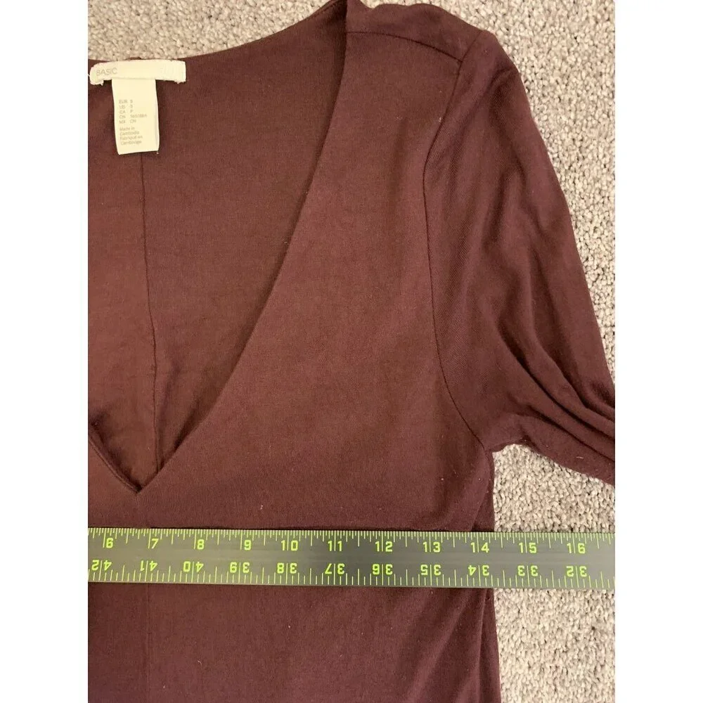 H&M Women's Dress Size S Burgundy Brown Fit & Flare V-Neck Long Sleeves GUC